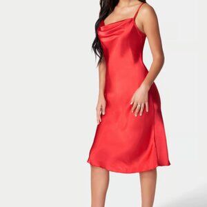 Bebe Satin Cowl Neck Slip Midi Dress Orange Red Large NWOT